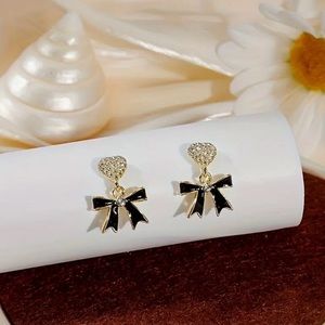 Black & Gold-Tone Bowknot Earrings With Rhinestone Heart Earrings